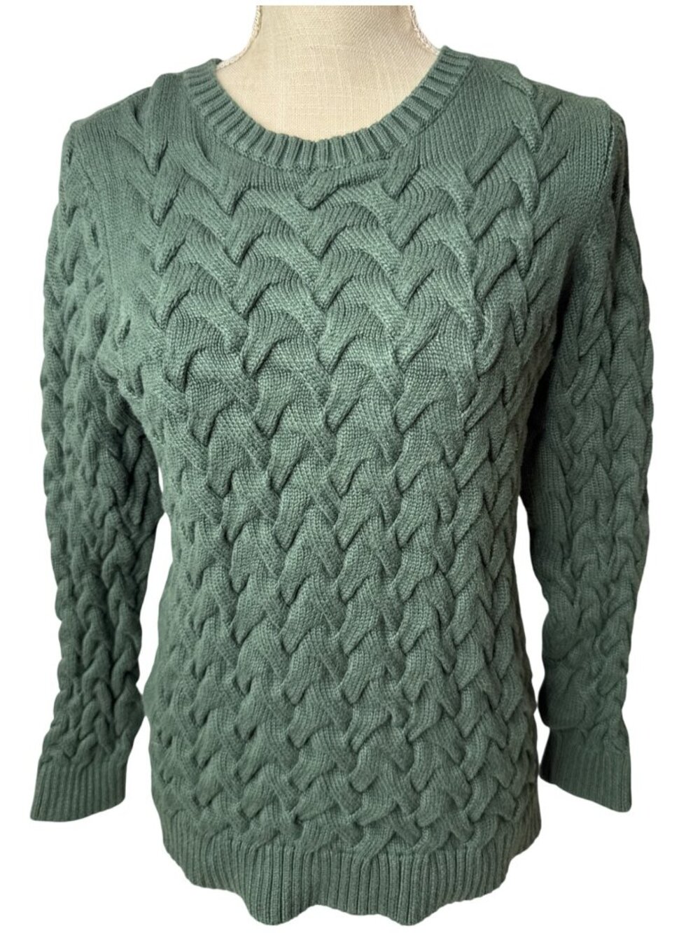 Lands' End Green Cotton Cable Knit Sweater M 10-12